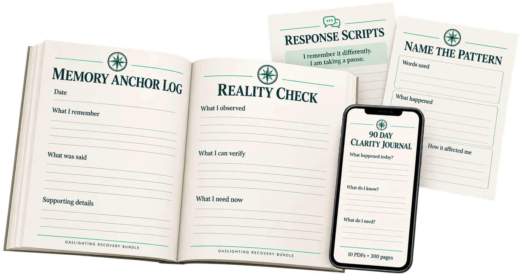Inside the Gaslighting Recovery Bundle: the Memory Anchor Log and Reality Check workbook open, with Response Scripts, a Name the Pattern worksheet, and the 90 Day Clarity Journal on a phone