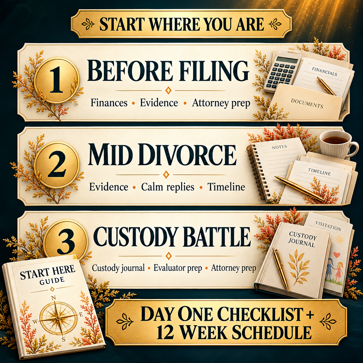 Three organizing paths for before filing, mid divorce and a custody battle, with a day one checklist and 12 week documentation schedule.