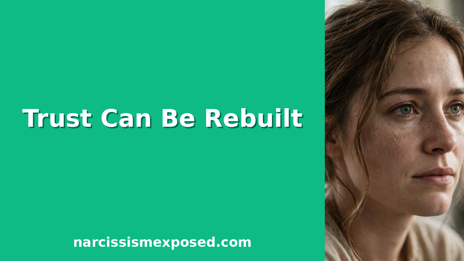 Woman with fragile hope in her eyes beside a mint green panel that reads Trust Can Be Rebuilt, featured image for the trust in a relationship guide