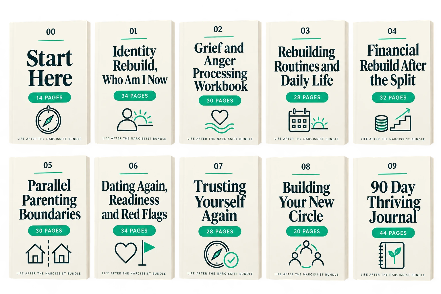 All 10 files in the Life After the Narcissist Bundle: workbook covers from 00 Start Here through 09 90 Day Thriving Journal