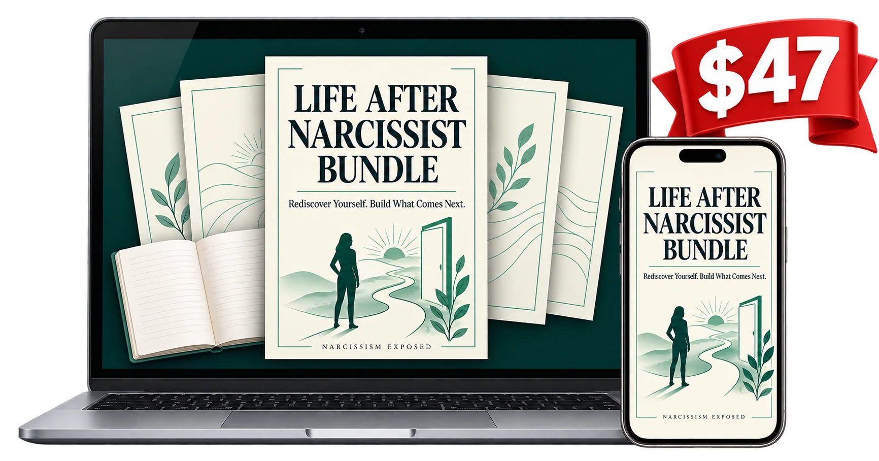 The Life After the Narcissist Bundle on a laptop and phone, showing the bundle cover: Rediscover Yourself. Build What Comes Next.