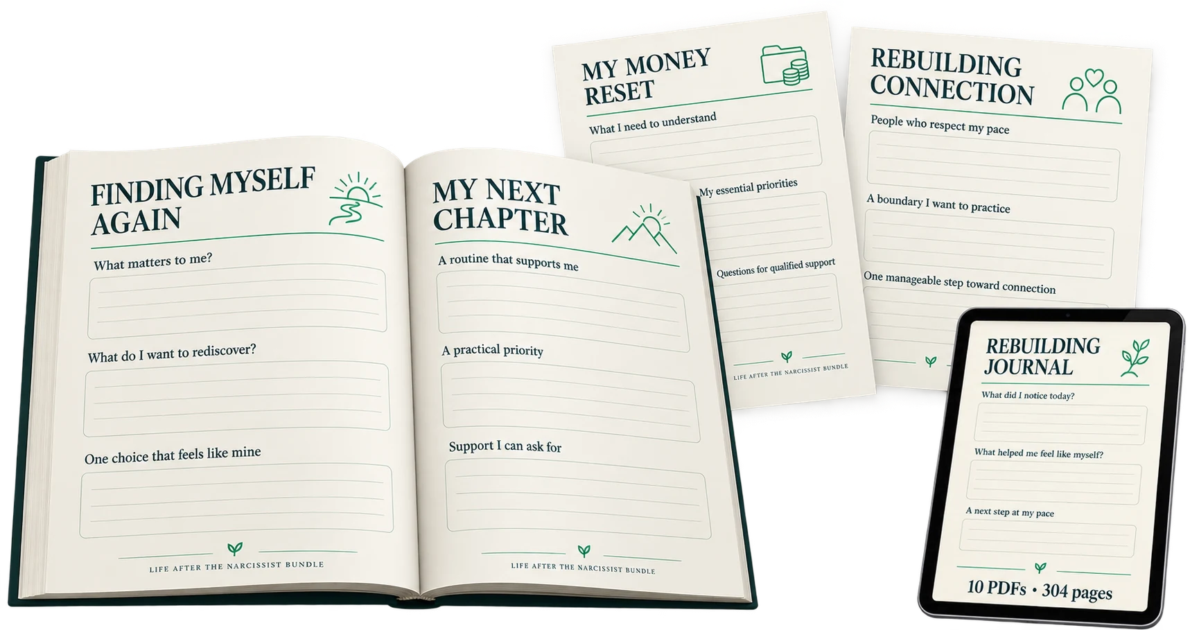 Inside pages of the Life After the Narcissist Bundle: an open workbook spread showing Finding Myself Again and My Next Chapter pages, with My Money Reset and Rebuilding Connection pages and the Rebuilding Journal tablet