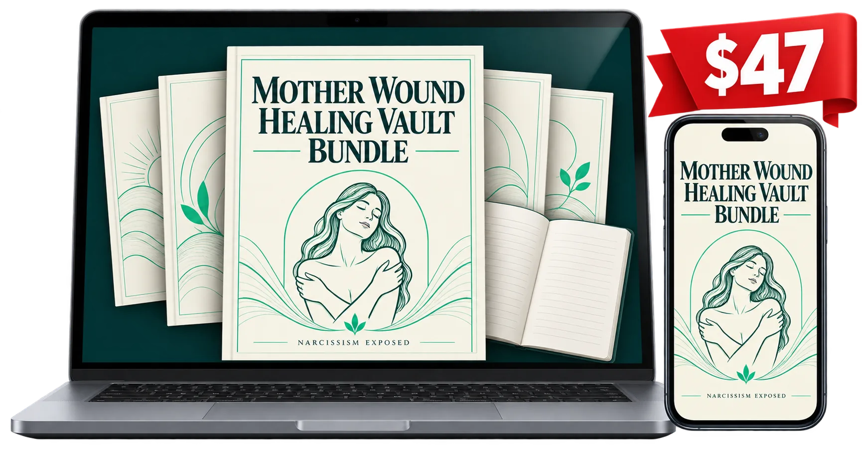 Mother Wound Healing Vault Bundle, 10 PDFs and 300 pages, shown on a laptop and a phone
