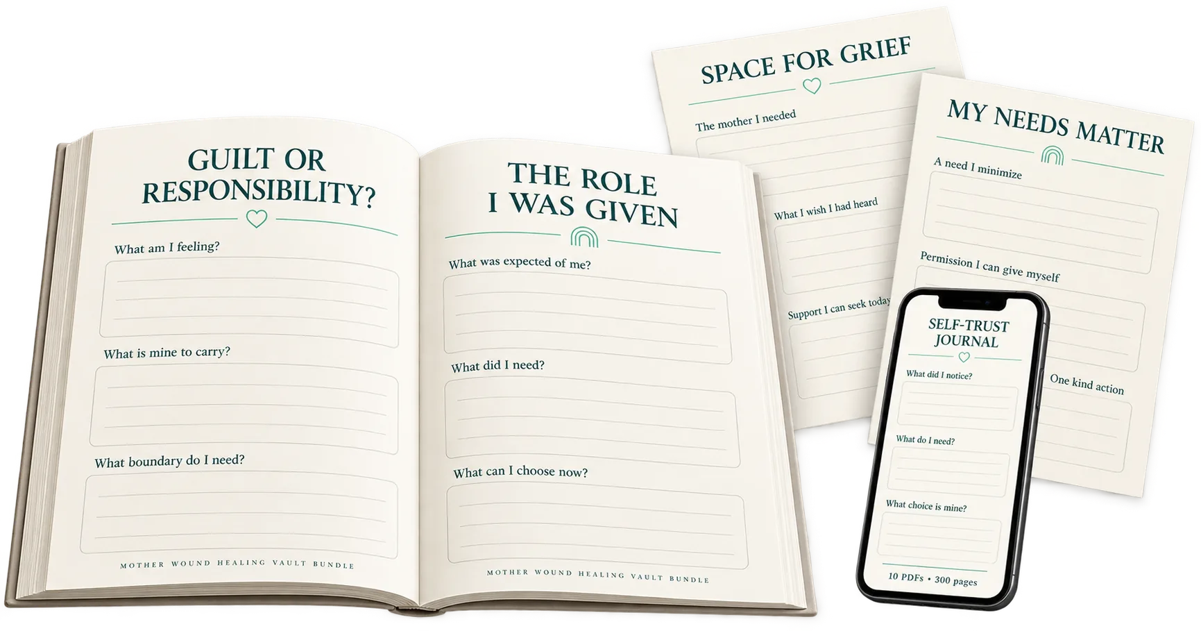 Inside the Mother Wound Healing Vault Bundle: Guilt or Responsibility? and The Role I Was Given workbook open, with Space for Grief and My Needs Matter worksheets, and the Self-Trust Journal on a phone