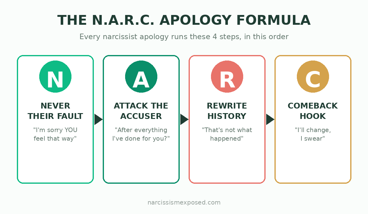 The N.A.R.C. Apology Formula infographic: N Never Their Fault, A Attack The Accuser, R Rewrite History, C Comeback Hook