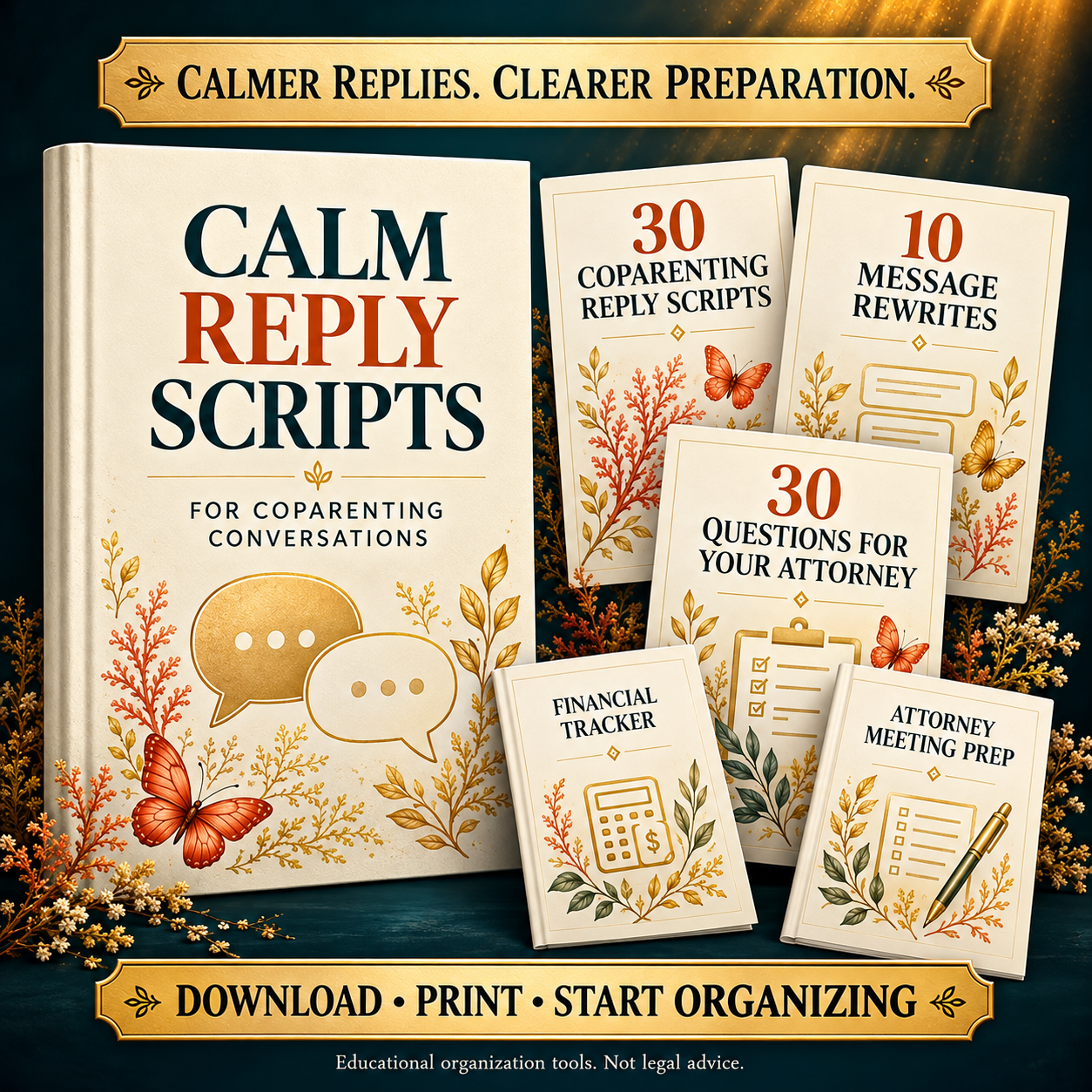 Coparenting communication bundle featuring 30 calm reply scripts, 10 message rewrites, 30 attorney questions and financial tracking tools.