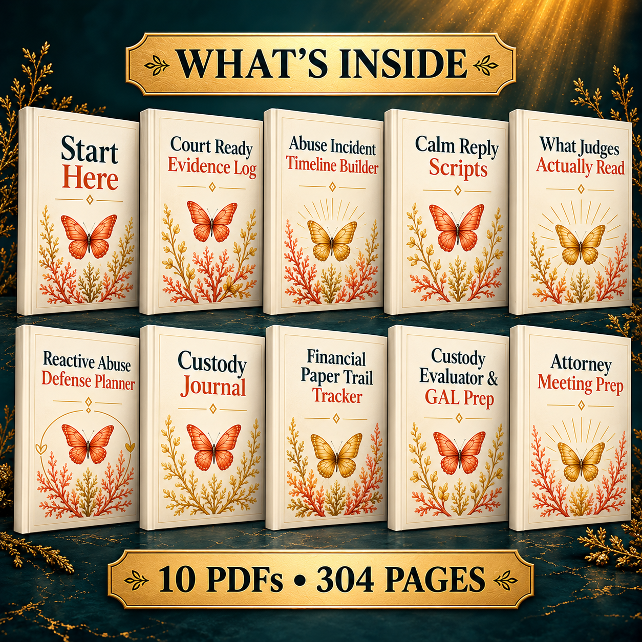Ten PDF guides for divorcing a narcissist, including an evidence log, abuse timeline, custody journal, financial tracker and attorney preparation.