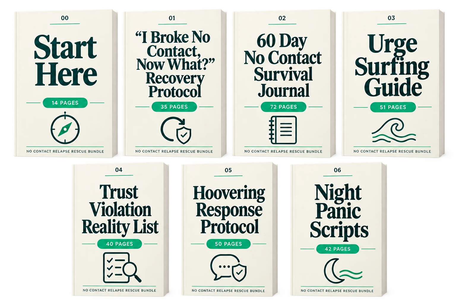 All 7 No Contact Relapse Rescue Bundle files: Start Here, I Broke No Contact Now What Recovery Protocol, 60 Day No Contact Survival Journal, Urge Surfing Guide, Trust Violation Reality List, Hoovering Response Protocol and Night Panic Scripts
