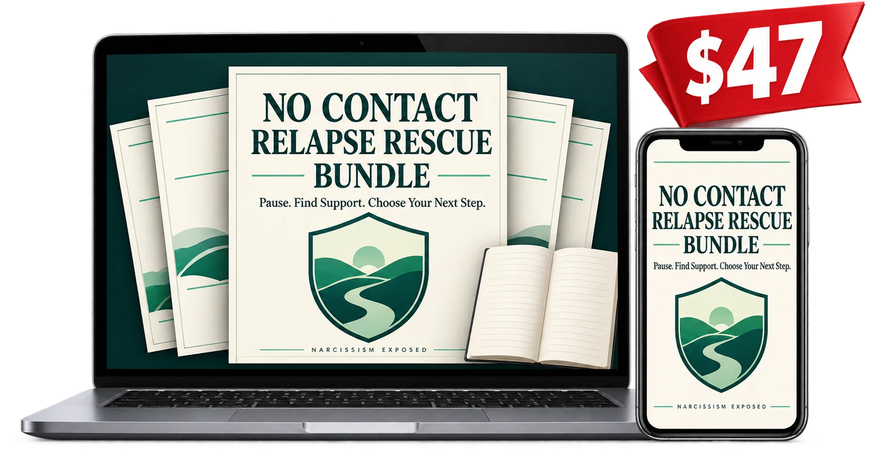 No Contact Relapse Rescue Bundle shown on a laptop and phone, pages fanned behind the cover, $47