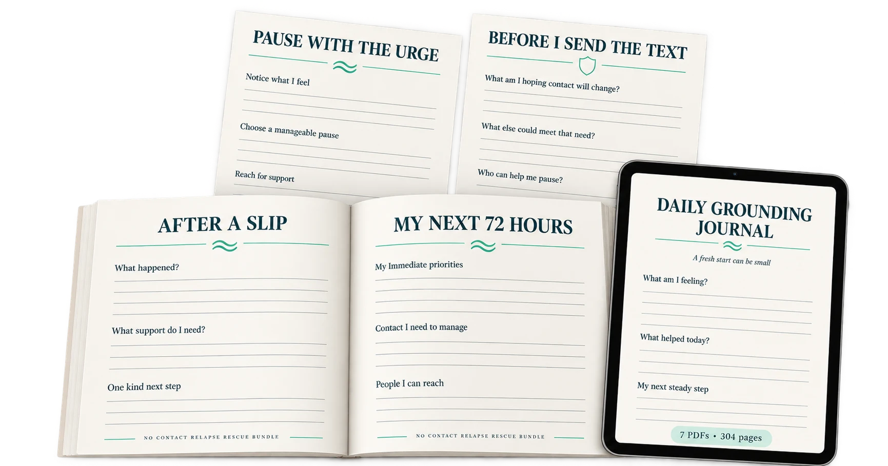 Open No Contact Relapse Rescue Bundle workbook pages: Pause With the Urge, Before I Send the Text, After a Slip, My Next 72 Hours, and the Daily Grounding Journal on a tablet