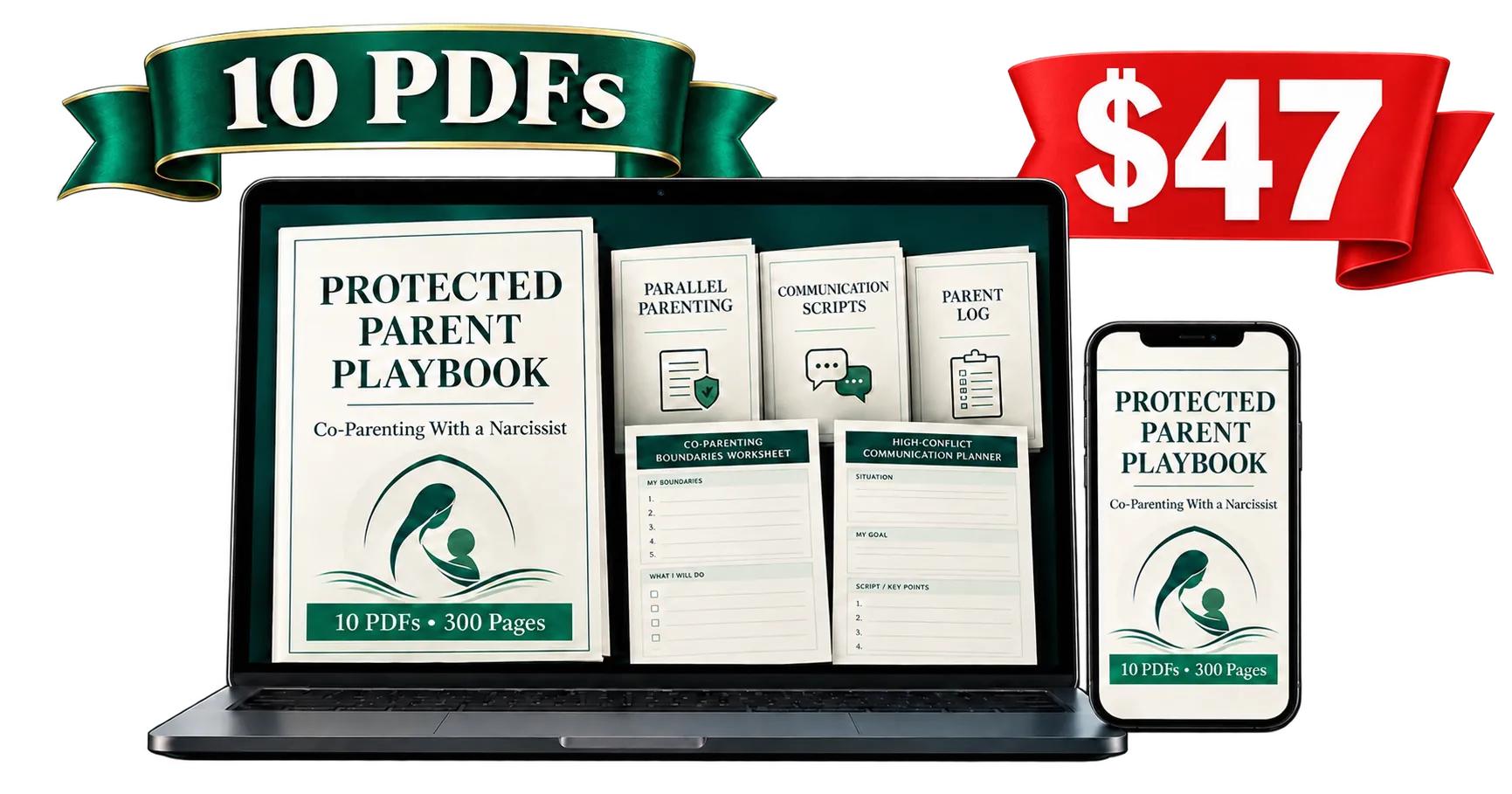 Protected Parent Playbook Bundle, 10 PDFs and 300 pages, shown on a laptop and a phone