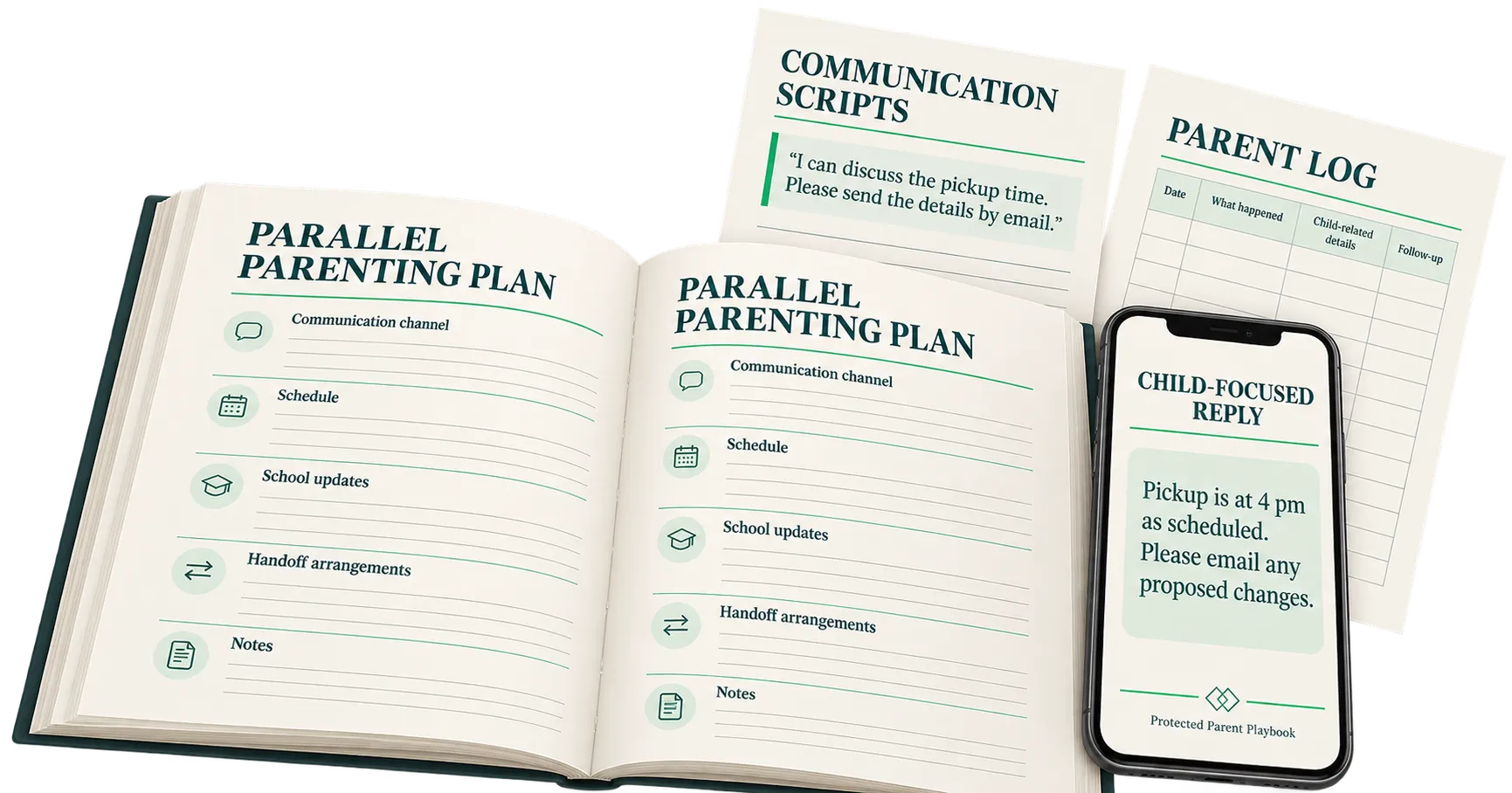Inside the Protected Parent Playbook: the Parallel Parenting Plan, Communication Scripts, the Parent Log, and a child focused reply on a phone