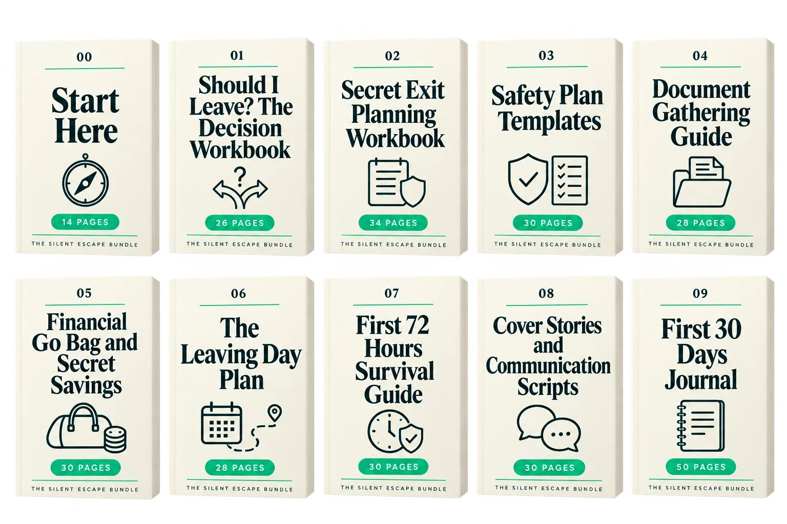 All 10 Silent Escape Bundle files: Start Here, Should I Leave? The Decision Workbook, Secret Exit Planning Workbook, Safety Plan Templates, Document Gathering Guide, Financial Go Bag and Secret Savings, The Leaving Day Plan, First 72 Hours Survival Guide, Cover Stories and Communication Scripts, and First 30 Days Journal