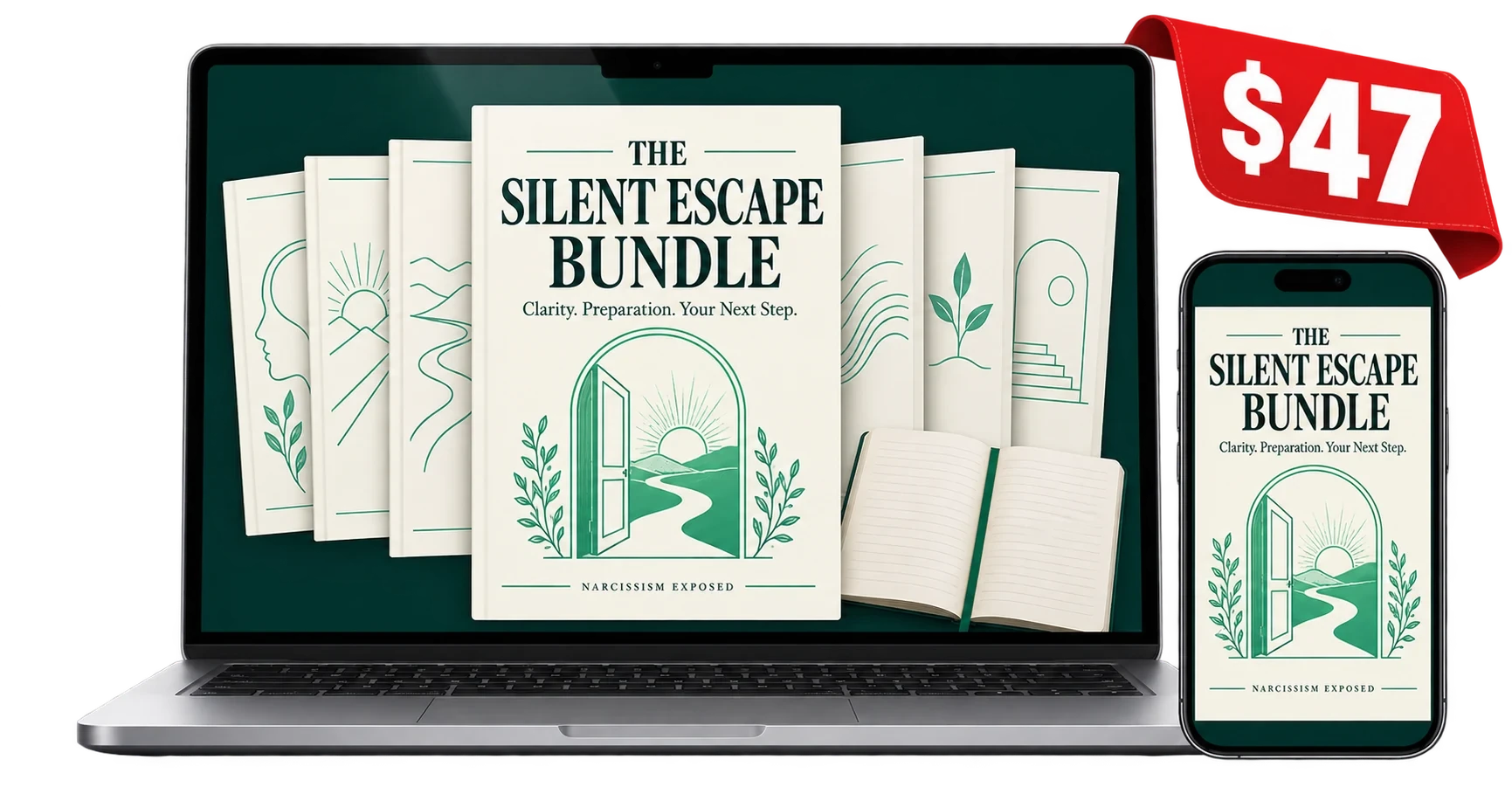 The Silent Escape Bundle shown on a laptop and phone, with the bundle cover and workbook pages