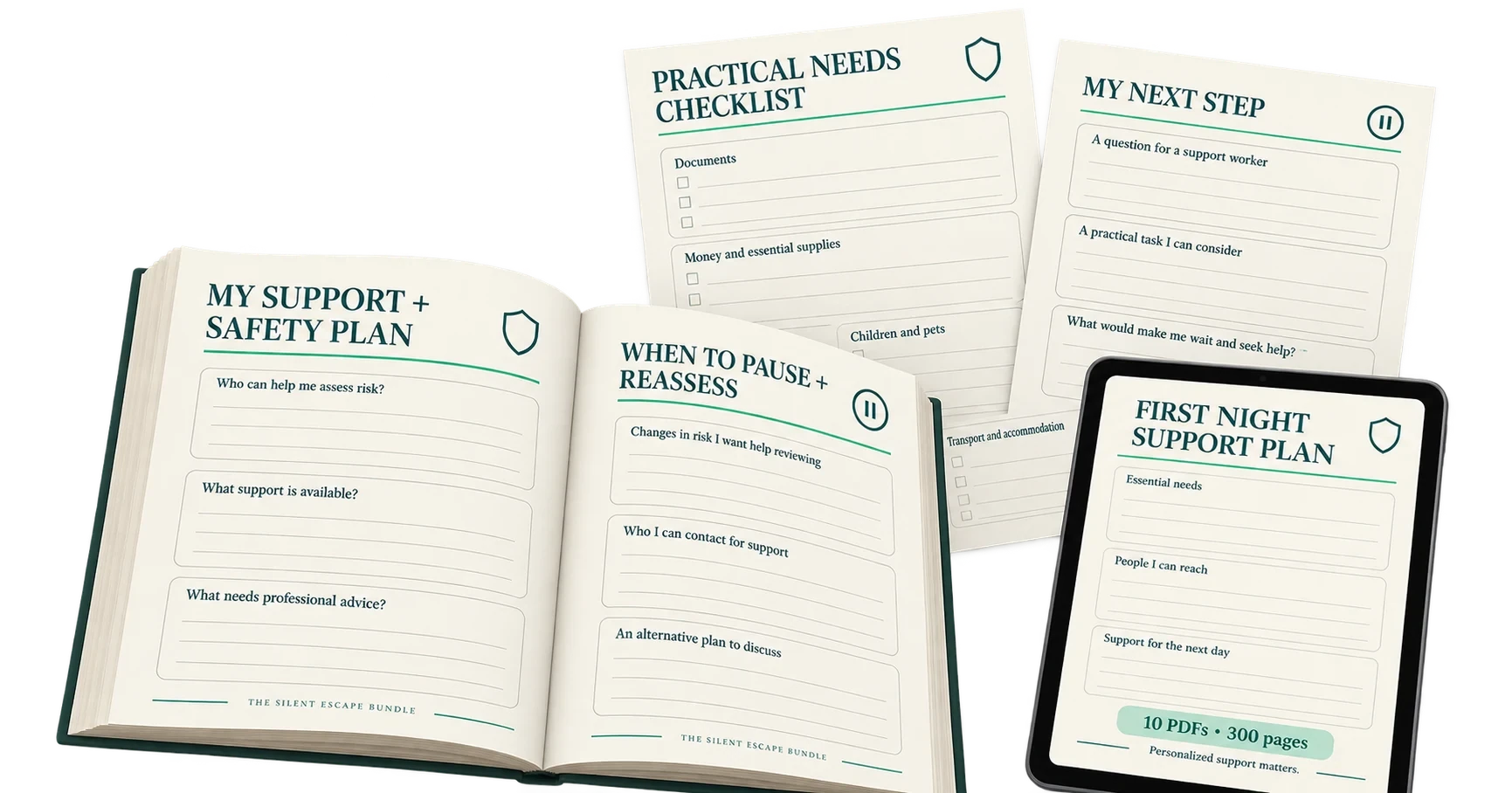 Open Silent Escape Bundle workbook pages: My Support and Safety Plan, When to Pause and Reassess, a Practical Needs Checklist and a First Night Support Plan