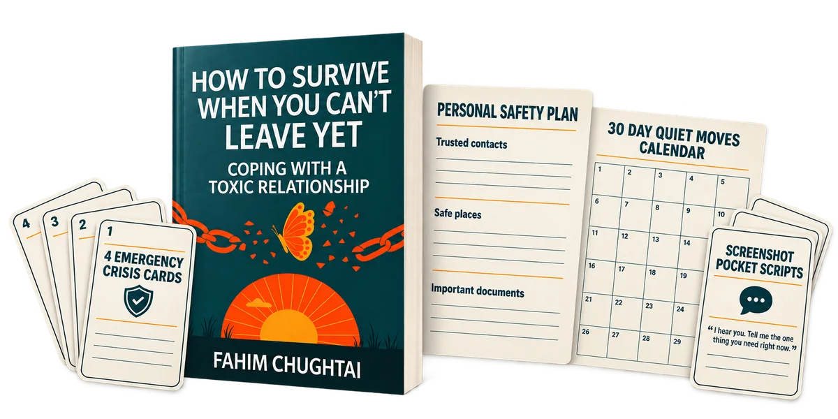 Everything you get today: the complete guide together with the 4 Emergency Crisis Cards, the Personal Safety Plan, the 30 Day Quiet Moves Calendar, and the Screenshot Pocket Scripts