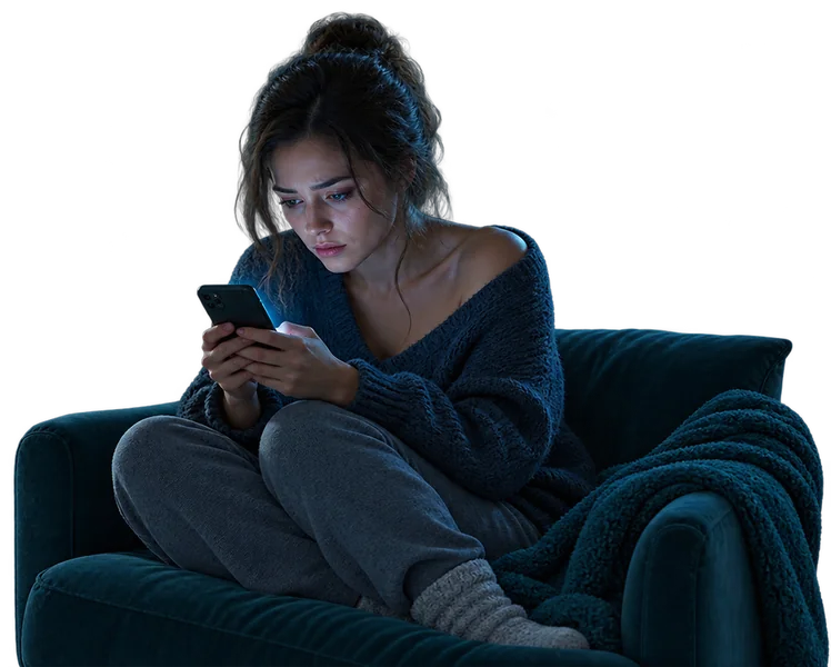A woman sitting alone in an armchair late at night, anxiously looking at her phone