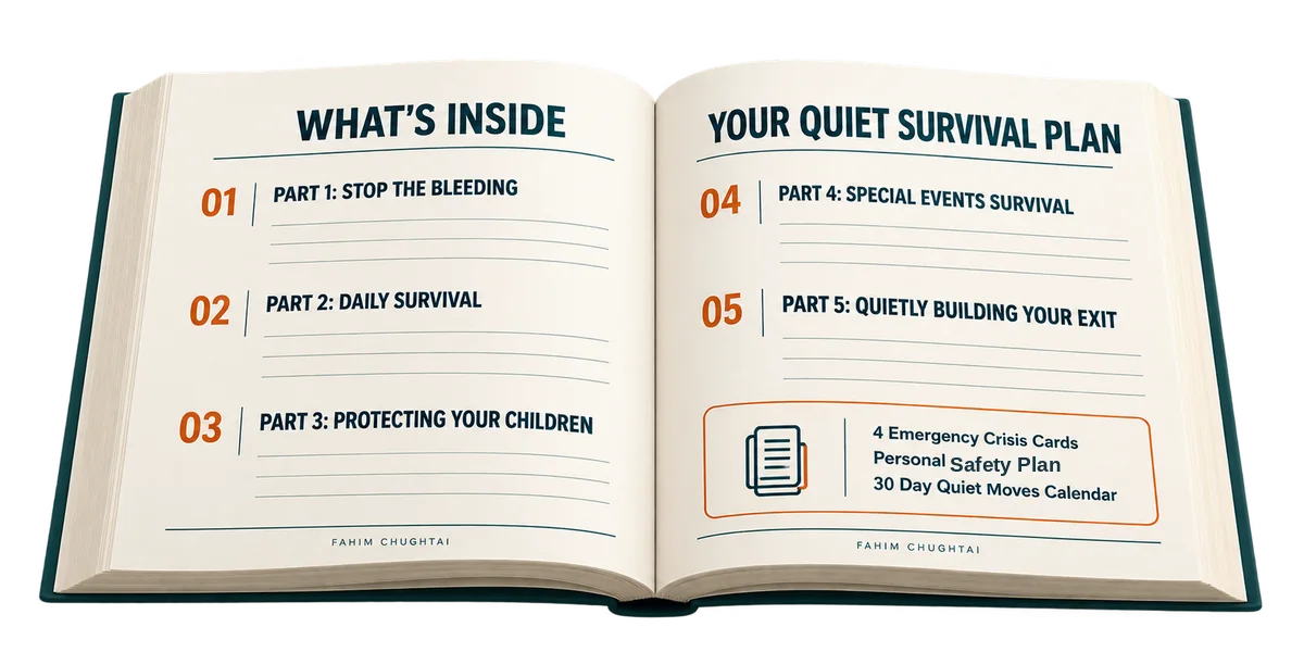 The workbook open to its contents pages, listing all five parts: Stop the Bleeding, Daily Survival, Protecting Your Children, Special Events Survival, and Quietly Building Your Exit