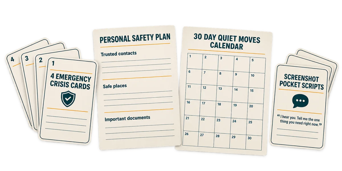 The four free bonuses laid out: the 4 Emergency Crisis Cards, the Personal Safety Plan, the 30 Day Quiet Moves Calendar, and the Screenshot Pocket Scripts