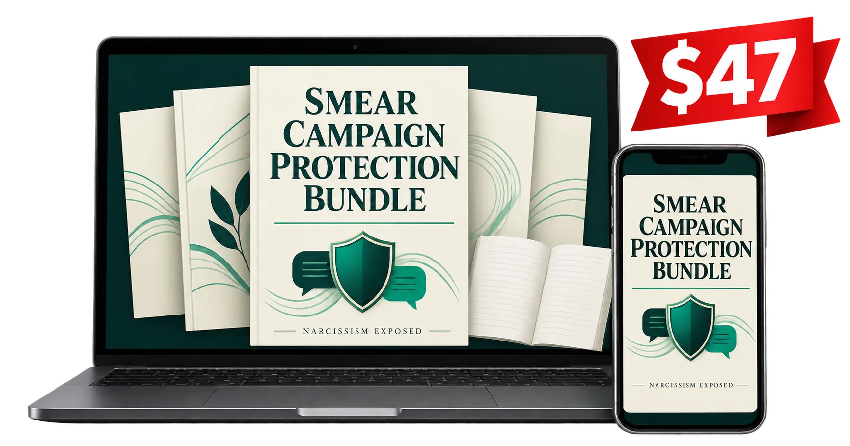 Smear Proof Shield Bundle, 10 PDFs and 300 pages, shown on a laptop and a phone