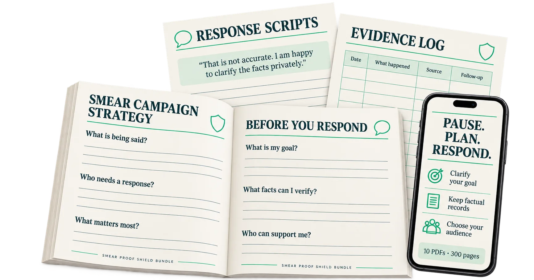 Inside the Smear Proof Shield Bundle: the Smear Campaign Strategy workbook open at Before You Respond, with Response Scripts and an Evidence Log, and a phone showing Pause, Plan, Respond