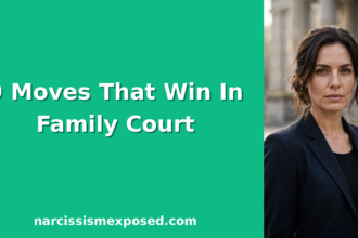 Determined woman standing outside a courthouse, ready to win a custody battle against a narcissist