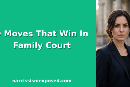 Determined woman standing outside a courthouse, ready to win a custody battle against a narcissist