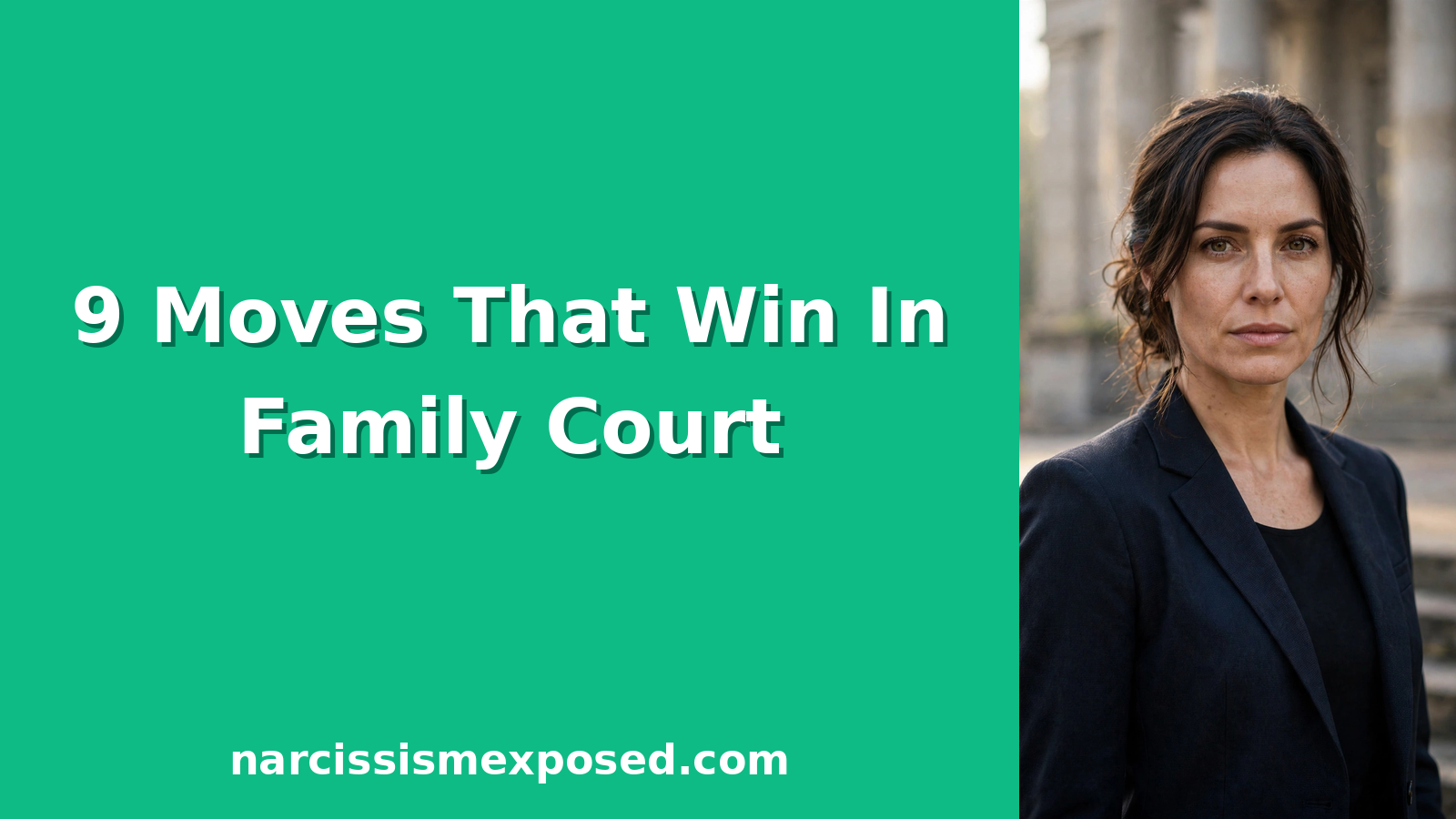 Determined woman standing outside a courthouse, ready to win a custody battle against a narcissist