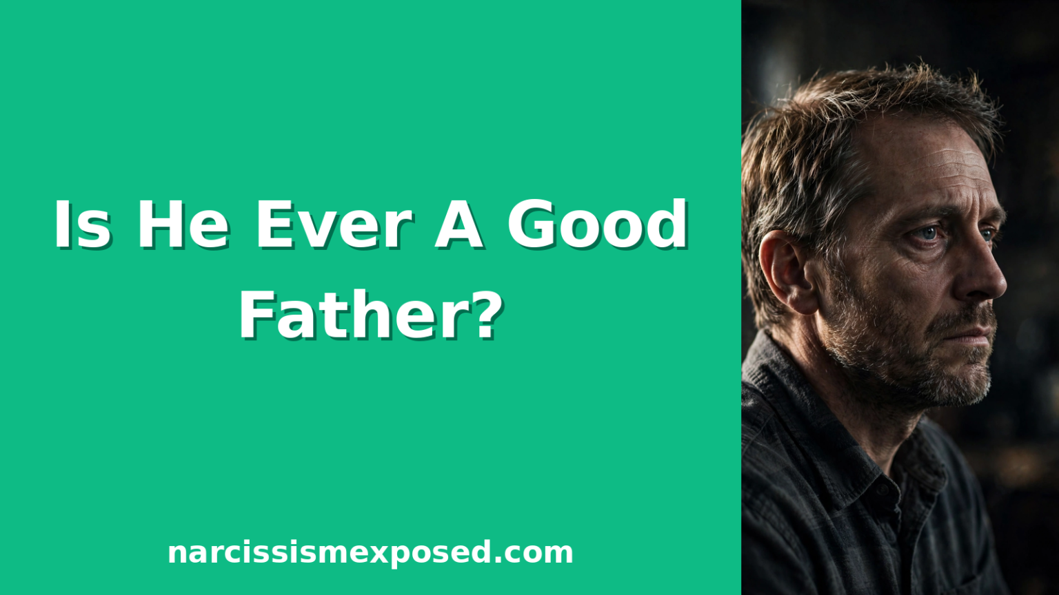 Distant middle-aged father's cold, hollow-eyed face in dark cinematic light, showing the emotional absence of a narcissistic father.