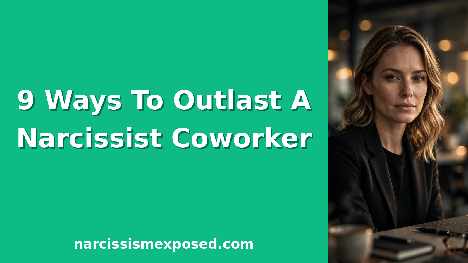 Professional woman with calm, confident expression at an office desk, illustrating how to deal with a narcissist coworker
