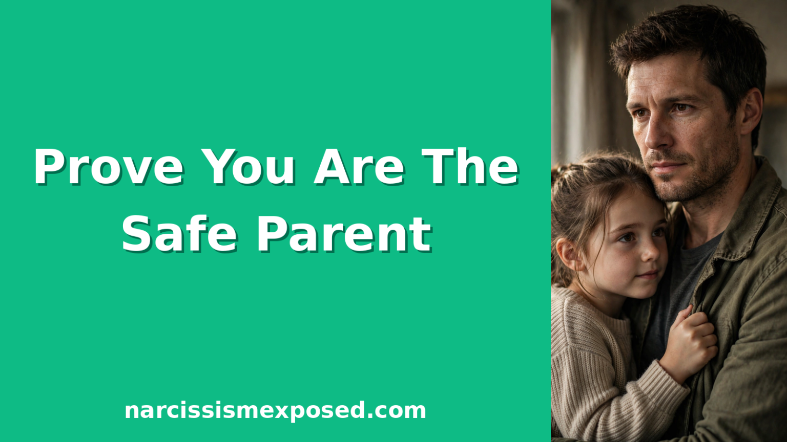 Determined father holding his young daughter protectively, a playbook for fathers on how to divorce a narcissist wife with kids and prove custody safety
