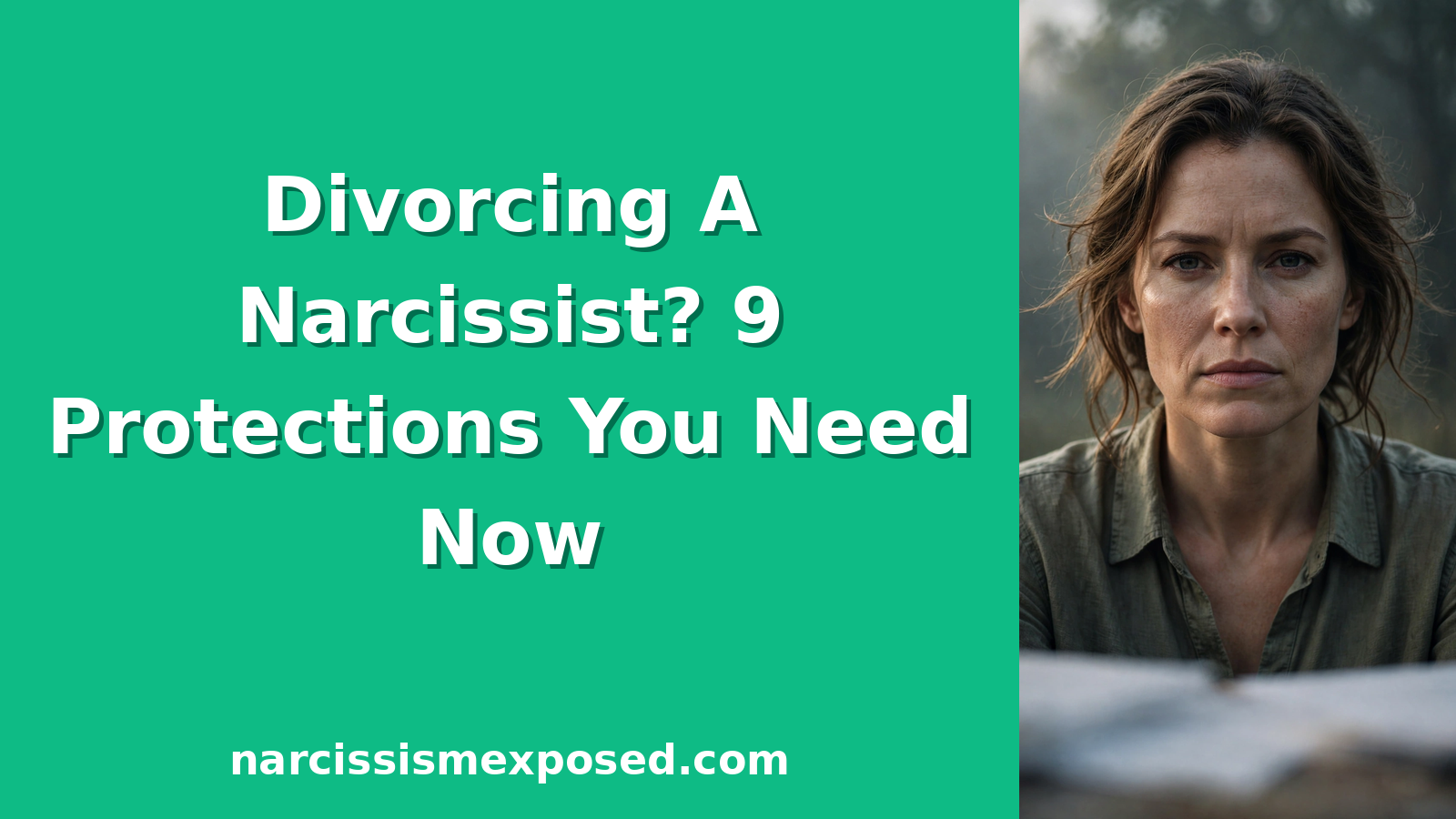 Woman with resolute defiant expression preparing divorce documents, illustrating how to protect yourself when divorcing a narcissist