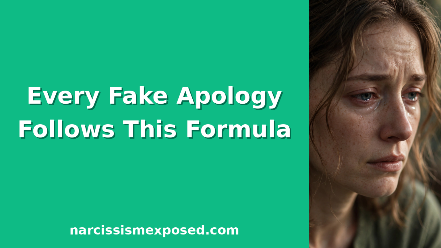 Featured image: Every Fake Apology Follows This Formula, text on mint green panel with emotional portrait