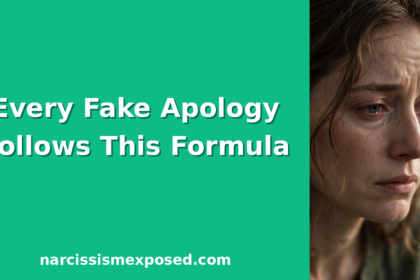Featured image: Every Fake Apology Follows This Formula, text on mint green panel with emotional portrait