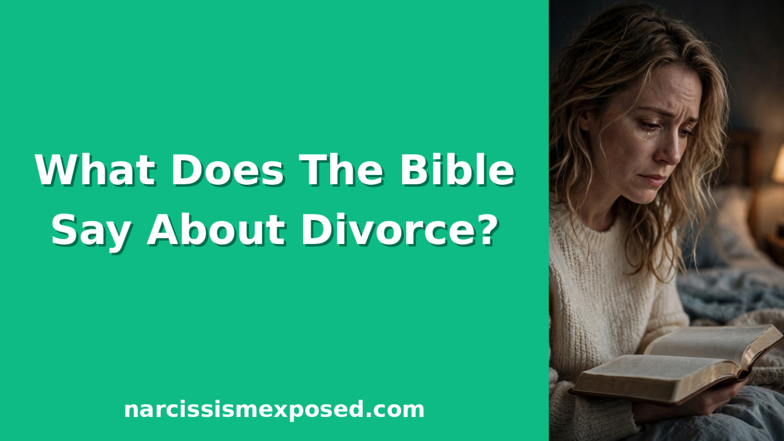 Woman holding an open Bible in dim lamplight, torn between faith and divorcing a narcissist