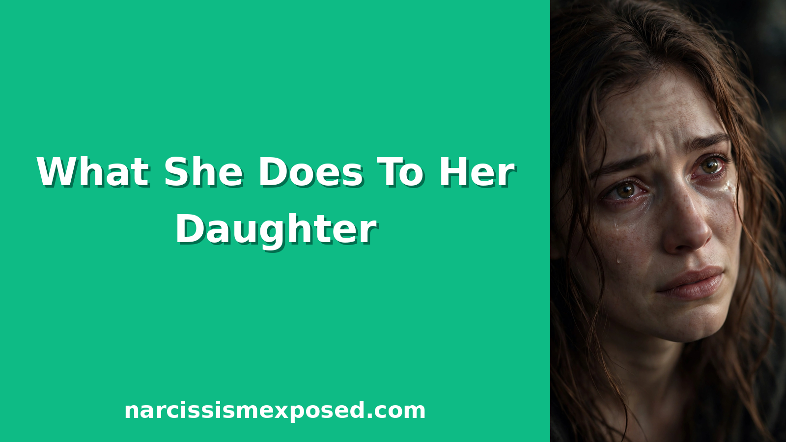 A young woman with tearful, brave eyes looks up at the camera, illustrating what narcissistic mothers do to their daughters.