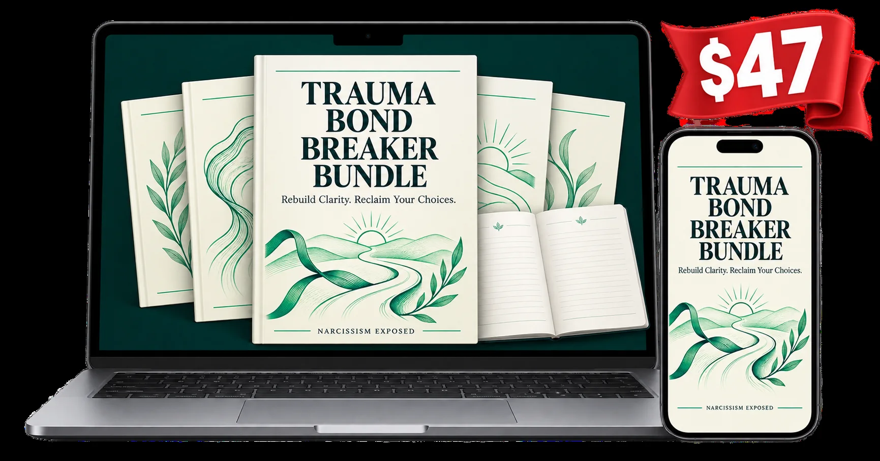 Trauma Bond Breaker Bundle, 10 PDFs and 300 pages, shown on a laptop and a phone